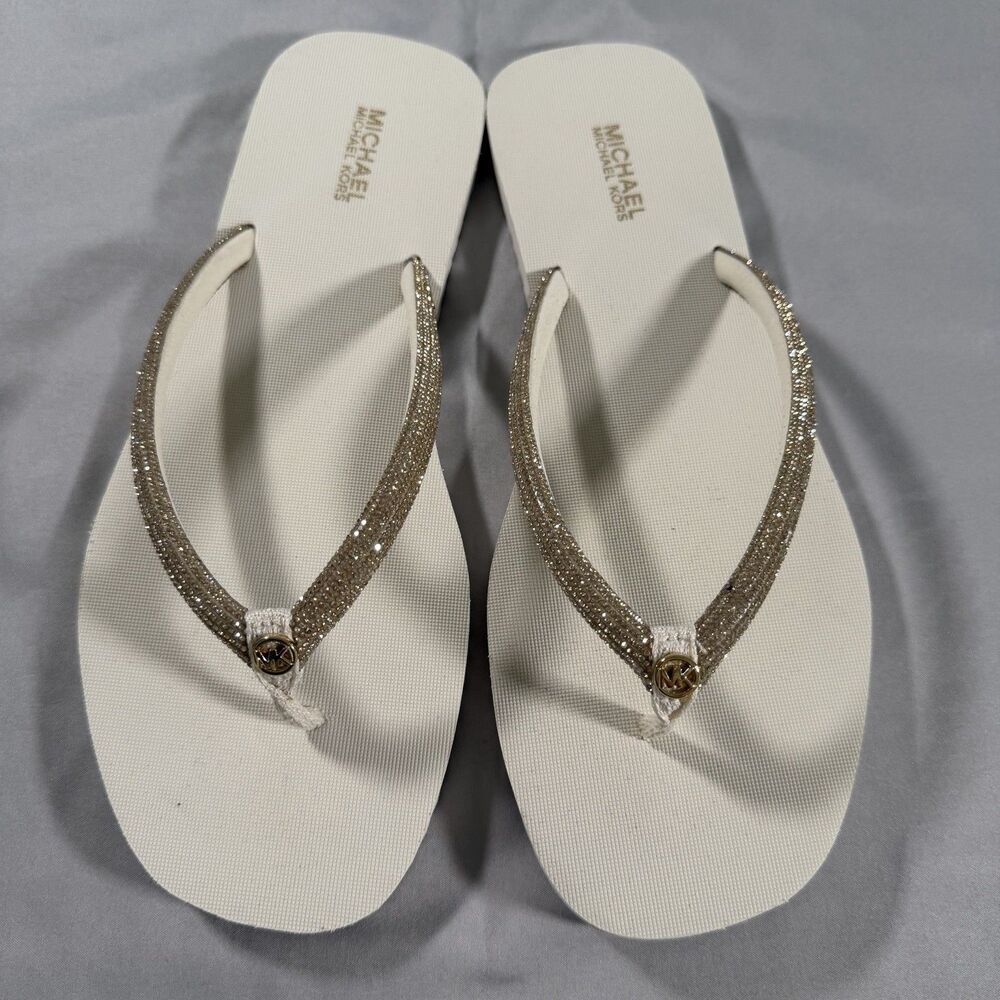 Michael Kors Jinx Open Thong Flip Flops Size 8 White Gold Wedding Summer